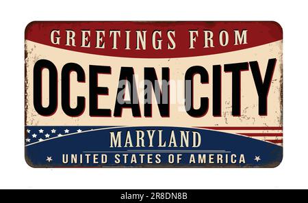 Grußwort von Ocean City aus rostigem Metall im Vintage-Stil auf weißem Hintergrund, Vektorbild Stock Vektor