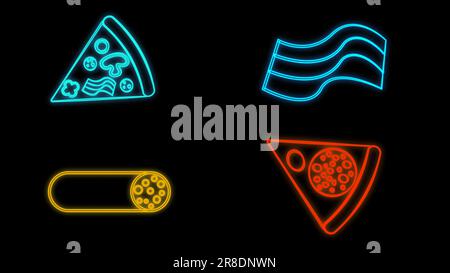Vektorsatz mit realistischem, isoliertem Neonschild des Pizza-Logos zur Vorlagendekoration und Abdeckung auf dem Wandhintergrund. Konzept von Restaurant, Café, piz Stock Vektor