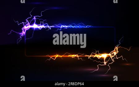 Blitzrahmen, blauer und gelber, elektrischer rechteckiger Rahmen mit Blitzeffekt. Isolierter Rahmen mit Blitzschlag, einem Blitz magischer Energie, Stock Vektor