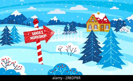 Santas-Workshop. Nordpol-Weihnachtsresidenz, Elf-Dorfkarte für Winterferien Cartoon-Vektorzeichnung. Verschneite Landschaft mit immergrünem Plan Stock Vektor