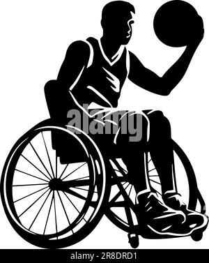 Rollstuhl-Basketballspieler-Ikone in Schwarz über Weiß Stock Vektor