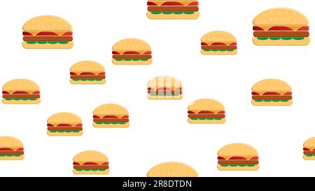 Cartoon farbenfrohe Hamburger mit hellen Konturen auf grünem Hintergrund mit nahtlosem Muster. Comic Flat Pop Art Burger Textur für Fast Food Restaurant oder Café Me Stock Vektor