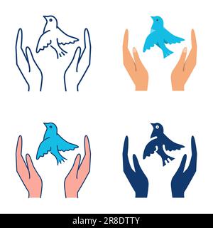 Die Hände halten die Vogellegende in flacher Linienform. Taube des Friedens Symbol. Handentstaube. Vektordarstellung. Stock Vektor