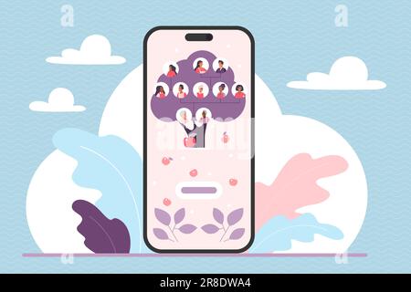 Stammbaum, Vektordarstellung der mobilen Genealogie-App. Cartoon-Telefon mit Abstammungsdiagramm auf dem Bildschirm, Porträtaufnahmen von Großeltern, Eltern und Kindern, um die Geschichte der Generationen und das Vermächtnis zu studieren Stock Vektor