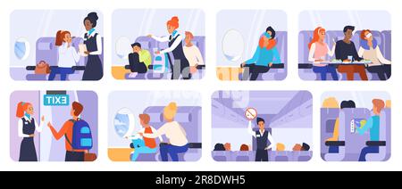 Darstellung von Passagieren, die mit dem Flugzeug reisen. Isolierte Cartoon-Szenen in der Flugzeugkabine, in denen sitzende Personen, Stewardess und Crew mit Service und Fluganweisungen dargestellt werden Stock Vektor