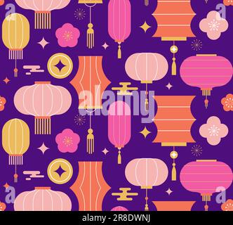 Chinesischer, asiatischer Hintergrund, nahtloses Muster. Laternen, Ornamente und Blumen. Hintergrund des chinesischen Neujahrs, des Herbstfestes, Banner und Begrüßung Stock Vektor
