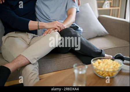 Nahaufnahme eines schwulen Mannes, der die Hand seines Freundes hält, während er sich zusammen auf einer Couch einen Film ansieht. LGBTQ+, Beziehung, Liebe Stockfoto
