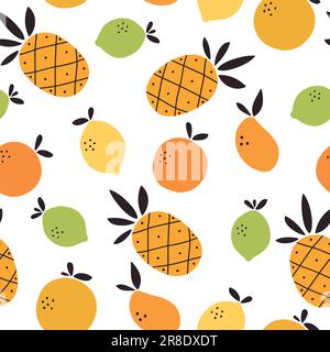 Nahtloses Muster tropischer Früchte. Sommerhintergrund mit Ananas, Grapefruit, Orange, Mango, Zitrone und Limette. Vektordarstellung. Stock Vektor