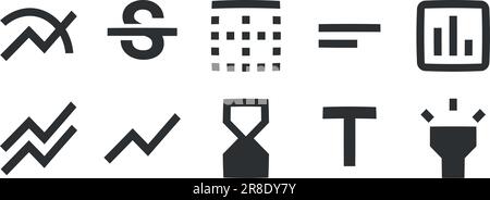 Satz von 10 Symbolen Texteditor. Vektordarstellung von Symbolen für dünne Linien. Moderner Trend im Stil. Lineare Symbole festgelegt. Große UI-Symbolgruppe. Vektordarstellung Stock Vektor