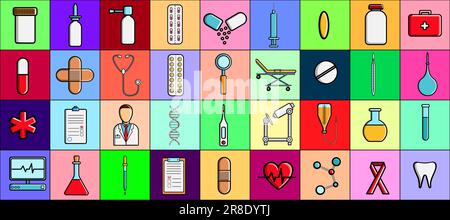 Ein großes schönes Set an medizinischen Artikeln und Werkzeugen, Apotheke oder Arztpraxis, Tablet Thermometer spritzen Medikamentenflaschen auf dem Hintergrund von Mull Stock Vektor