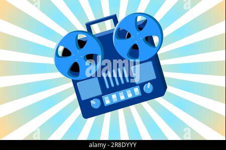 Altes Retro-Poster mit Musikkassettenrekorder mit Magnetband-Babbin auf Rollen und Lautsprechern aus den 70s, 80s und 90s Jahren im Hintergrund Stock Vektor