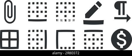 Satz von 10 Symbolen Texteditor. Collection mit Zeilensymbolen. Einfacher Satz. Linearer Symbolsatz. Große UI-Symbolgruppe. UX-BENUTZEROBERFLÄCHE Stock Vektor