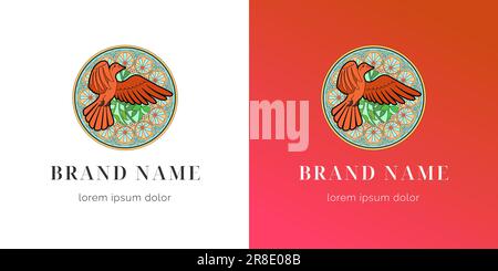 Fliegender roter Vogel auf abstraktem, kreisförmigem dekorativem Mandala-Logo. Markenidentität des Unternehmens Tauben Sie das kreative Designkonzept mit dem Logo ein. Trendige, moderne EPS-Vorlage für Corporate Branding Stock Vektor