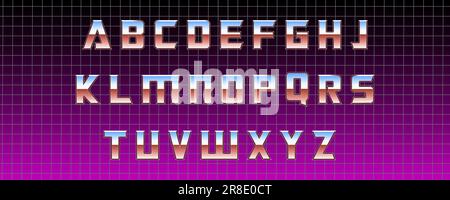 Retro-Alphabet auf Rasterhintergrund. Metallische Buchstaben im Stil der 80er und 90er Jahre für Druck- und Webprojekte. Grafikelemente in der Retro-Ästhetik für Plakate Stock Vektor