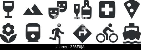 Bild mit 12 Symbolen. Vektordarstellung von Symbolen für dünne Linien. Symbol "Qualität festlegen". Linearer Symbolsatz. Dünn gefüllte Symbolpakete. UI und UX Stock Vektor