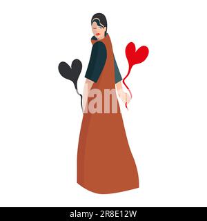 Abstrakte minimalistische Vektor-Illustration einer Frau, die ein rotes und ein schwarzes Herz hält, symbolisiert die doppelten Emotionen von Liebe, Freude und Traurigkeit. Stock Vektor
