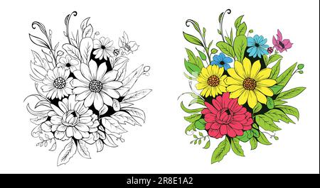 Skizzieren Sie Konturbouquet von Weichblumen, skizzieren Sie violette Blütenzeichnungen, Blumengruppensymbole, einfache Blütenfärbungsseiten, Blütenfärbungsseiten. Stock Vektor