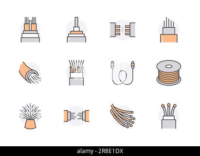 Symbole für flache optische Faserlinien. Netzwerkverbindung, Computerdraht, Kabelspulen, Datenübertragung. Dünne Schilder für Elektronikladen, Internetdienste Stock Vektor