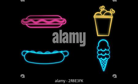 Neon Street Food Icon Set. Entnahme von Vector Fastfood-Zeichen. Leuchtende, wegweisende Piktogramme in Linienform. Einfache Schilder für Café, Lieferung, Stock Vektor
