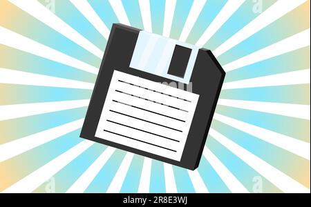 Altes Retro-Hipster-Poster mit Diskette für Computer zum Speichern von Informationen, pc von 70s, 80s, 90s vor dem Hintergrund der orangefarbenen Strahlen o Stock Vektor