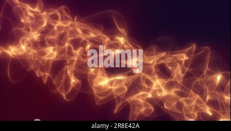 Orangefarbene Energiewellen aus futuristischen High-Tech-Netzpartikeln mit leuchtendem Hintergrund. Stockfoto