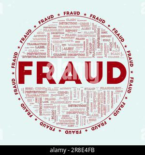 Betrug - Rundabzeichen. Textbetrug mit Schlüsselwörtern Wortwolken und kreisförmigem Text. Rubinfarbene Farbtöne und Grunge-Textur. Stock Vektor
