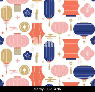 Chinesischer, asiatischer Hintergrund, nahtloses Muster. Laternen, Ornamente und Blumen. Hintergrund des chinesischen Neujahrs, des Herbstfestes, Banner und Begrüßung Stock Vektor