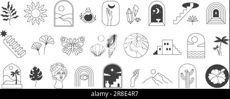 Böhmische Linienkunst. Boho Ästhetische Natur und künstlerische Elemente, lineare minimalistische abstrakte Vektordarstellungen. Blüten und Pflanzenblätter, stöhnen Stock Vektor