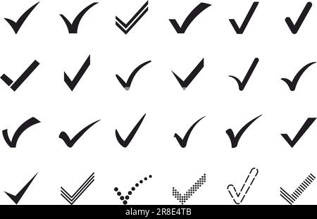 Häkchensymbole. Verifizierungs- und Genehmigungszeichen, korrektes Antwortzeichen und Häkchen Vektorsymbol-Satz. Auswahl der Option in Umfrage oder Test, akzep Stock Vektor