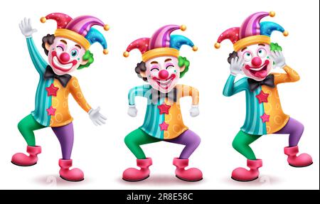 Clown-Geburtstagsfiguren-Vektorset-Design. Clown und Clown im Stehen posieren isoliert auf weißem Hintergrund. Vektordarstellung witzig Stock Vektor