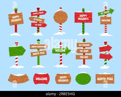 Verschneite Weihnachtsschilder aus Holz. Frohe Winterferien, Santas Haus, Weihnachts-Elf Dorf, Spielzeugladen und Willkommenstipps mit Schneekappen-Cartoon-Vektorset. Stock Vektor
