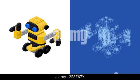 Set aus gelbem Roboter mit einem Projekt, das aus Kunststoffblöcken in isometrischem Stil für Druck und Design zusammengesetzt ist. Vektordarstellung. Stock Vektor