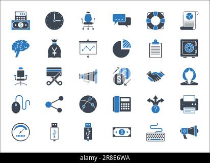 Vektorsymbole für Unternehmen, Banken und Finanzen setzen die Glyphe blau. Symbole für Unternehmen, Management, Finanzen, Strategie, Bankwesen, Marketing und Buchhaltung für Mo Stock Vektor