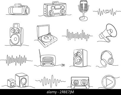 Ununterbrochene einzeilige Tonabbildungen. Lineare Schallwellen, Audio-Player und Lautsprecher für Vektorset zum Musikhören. Ausrüstung für die Melodie-Aufnahme, Stock Vektor