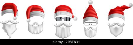 Santas Hüte, Brille und Bärte. Weihnachtsfeier Kostümmaske mit roter Mütze und weißem Bart mit Schnurrbart Vektorbildungs-Set. Karnevalsbekleidung Stock Vektor