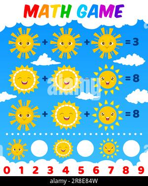 Arbeitsblatt für Mathematik-Spiele. Zeichentrickfiguren aus der Sonne. Lernspiel für Kinder, Puzzle für Addition und Subtraktion, mathematisches Vektorquiz oder Rätsel mit fröhlichem Lächeln und lachenden Gesichtern von Sonnenscheinern Stock Vektor