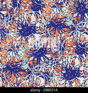 Surreale Blume nahtloser Vektorstrukturmuster Hintergrund. Verstreute, überlappende Blumen erzeugen einen gewobenen Wirbeleffekt. Neon tropisch gemalt abstrakt Stock Vektor