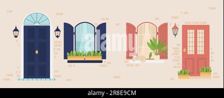Vordertüren und Fenster mit Rollläden im Vintage-Stil. Backsteinwand und Fenster. Stock Vektor