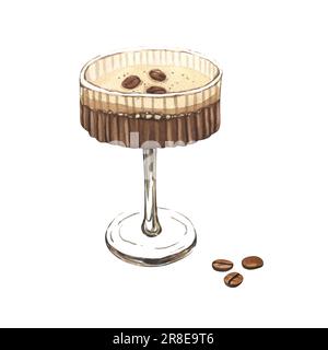 Aquarellglas Espresso martini mit Kaffeekörner. Handgezeichnete Darstellung isoliert auf weißem Hintergrund. Perfekt für Rezeptlisten mit Alkoholiker Stockfoto