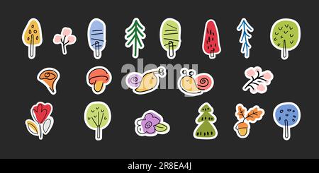Sammlung von Aufklebern, Bäumen, Pilzen, Schnecken, Blumen. Ikonen von Waldpflanzen. Flache, moderne Illustration für Aufkleberdruck, Kleidung, Stoff, Tapete. Darstellung des Vektors mit der Hand Stock Vektor