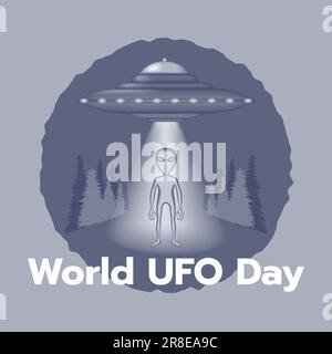 Einfarbiges Poster mit einer fliegenden Untertasse und einem Alien. Postkarte, Aufdruck, runder Ausweis für den Internationalen UFO-Tag. UFO, die am Himmel fliegen. Vektor Stock Vektor