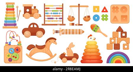 Holzspielzeuge für Kinder stellen eine Vektorzeichnung ein. Cartoon isolierte Montessori-Kollektion für Kleinkinder mit Holzpyramide und niedlichem Schaukelpferd, Rätseln und Auto, Bausteine für Schloss und Schwert Stock Vektor