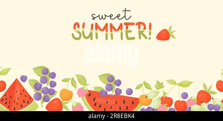 Süßer Sommer. Horizontaler nahtloser Hintergrund mit Sommerbeeren und Schriftzug mit Wassermelonenmuster. Vektordarstellung. Banner in Cartoon Stock Vektor