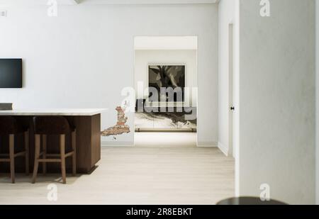 Minimalismus in der Küche. Holzküche mit großer langer Insel und Barhockern. Stockfoto