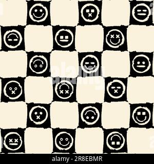 Abstraktes schlampiges, nahtloses Muster mit hellen und dunklen Schachzellen und Emoji verschiedenen Gesichtsausdrücken und Stimmungen. Verzierung zum Bedrucken von Stoff, CO Stock Vektor