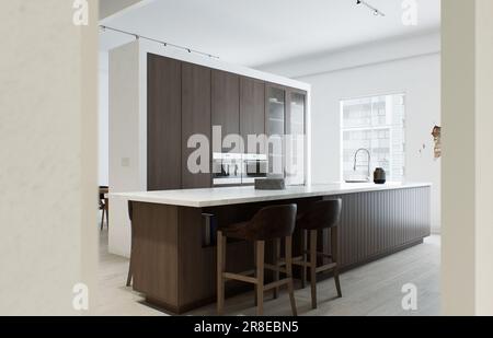 Minimalismus in der Küche. Holzküche mit großer langer Insel und Barhockern. Stockfoto