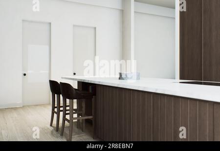 Minimalismus in der Küche. Holzküche mit großer langer Insel und Barhockern. Stockfoto