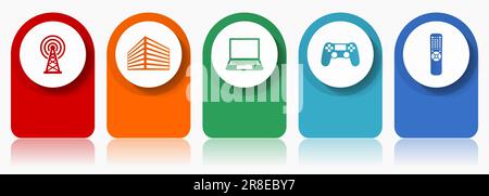 Technologie-Symbolset, flaches Design verschiedene bunte Symbole wie Antenne, Bürogebäude, Laptop, Gamepad, tv-Fernbedienung für webdesign und mobile AP Stock Vektor