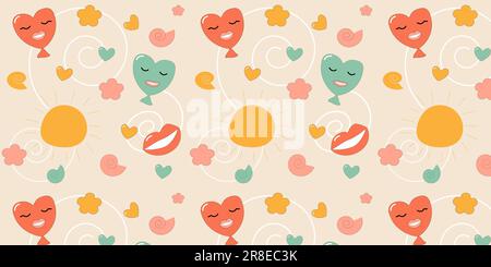 Nahtlose Muster Vektor Hintergrund Sonne Herz Blumen Lippen Romantik valentinstag, kindisch. EPS10 Stock Vektor