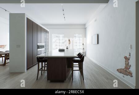 Minimalismus in der Küche. Holzküche mit großer langer Insel und Barhockern. Stockfoto